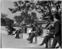 Spectators read the paper at the Santa Anita racetrack, February 22, 1937.