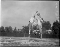 Bobby Grayson and Keith Topping, two of Stanford University football's legendary "Vow Boys," at practice.