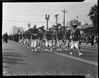 Members of the Leonard Wood Post Auxiliary march in the Armistice Day Parade, Los Angeles, November 11, 1937