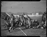 Football game between the Los Angeles Bulldogs and the Rochester Tigers at Gilmore Stadium, Los Angeles, November 14, 1937