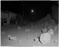 Nighttime shot of debris from the Elysian Park landslide on Riverside Drive, Los Angeles, November 1937