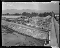 View from the Los Feliz bridge of flood-control construction in the Los Angeles River valley, Los Angeles, 1937