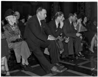 C.H. Jordan, George Roberts, and A.L. Wirin at a city council meeting concerning an anti-picketing ordinance, Los Angeles, January 1938