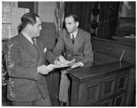 Peter Pianezzi with his lawyer Nathan O. Freedman, at a trial where he is charged with the murders of George (Les) Bruneman and Frank A. Greuzard, Los Angeles, 1940s