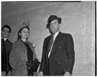Mrs. Elaine Huddle and Dean Farris, witnesses at the Peter Pianezzi murder trials, Los Angeles, 1940s