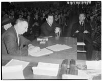 East Los Angeles S.R.A director, Samuel J. Ayeroff, at a hearing where he is accused of being a member of the Young Communist League, Feb. 5, 1940