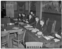 The "little Dies committee" at hearings for charges of Communist activity against members of the Los Angeles County S.R.A., Feb. 5, 1940