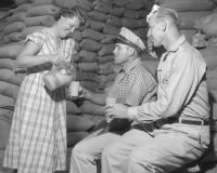 June M. G. Bonner Leach pouring coffee for Roy B. Leach and Willis R. Leach, Downey, 1956
