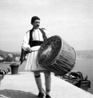 Closeup of a musician playing the Macedonian gajde
