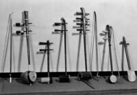 Display of six bowed fiddles from Asia