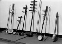 Display of six bowed fiddles from Asia