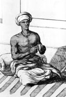 Photo of an engraving of an Indian playing kansar, or kasr, or kansi