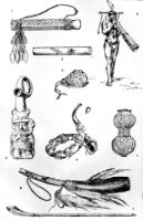 Photo of an illustration plate, with drawings of Mexican instruments (various wood, horn, and carved trumpets)