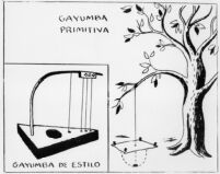 Photo of a two drawings, one of a tree with an object suspended from one of its braches; another drawing of an instrument (Gayumba de Estilo) at the bottom left