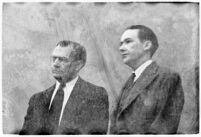 Murder suspect Robert S. James standing next to an unidentified man in court, Los Angeles, 1936