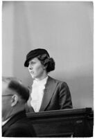 Cafe operator Agnes O'Brien on the witness stand during the liquor license bribe trial, Los Angeles, 1937