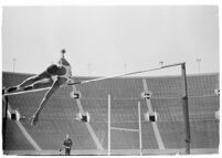 UCLA high jumper in mid-leap, Los Angeles, 1937