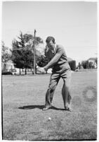 Golfer Fay Coleman demonstrates a series of "right" and "wrong" golf swings.