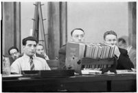 Albert Dyer with his lawyers William Neeley and Ellery Cuff in court, Los Angeles, 1937