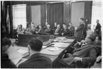 Defense attorney Jerry Giesler, in court during murder trial of Paul A. Wright, circa February 1938