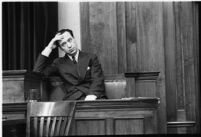 Accused murderer Paul A. Wright on the witness stand, Los Angeles, 1938