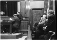 View from the juror's bench of accused murderer Paul A. Wright on the stand, Los Angeles, 1938