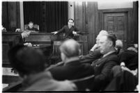 View from the juror's bench of accused murderer Paul A. Wright on the stand, Los Angeles, 1938