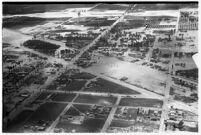 Aerial view of flooded neighborhoods and crops in North Hollywood, Los Angeles, 1938