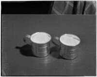 Two cups of sugar on a table to be used during the Daily and Evening News Cooking School, Los Angeles, 1940