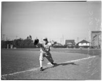 Wayne Murdock, USC Trojans first baseman, poses on the base, Los Angeles, 1940