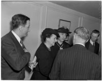 Secretary of Labor Frances Perkins, Mary La Dame and three men, Los Angeles, 1940