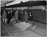 Secretary of Labor Frances Perkins arrives by train, Los Angeles, 1940