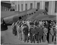 Secretary of Labor Frances Perkins speaks to crowd at Lockheed Aircraft Corporation, Los Angeles, 1940