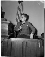 Bradley Bunker, brother of murder victim Marilyn Bunker, provides witness testimony in court, Los Angeles, 1940