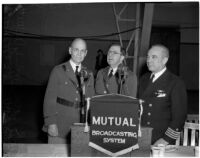Lieut. Gen. John L. DeWitt, Lieut. Col. Rupert Hughes, and Capt. Claude B. Mayo speaking at a military banquet, Los Angeles, 1940