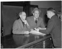 Montebello Chief of Police Maxwell, S.W. Karnes, and William Olson discuss matters concerning the murder of Geraldine Hardaker, Los Angeles, 1940
