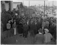 Members of the Worker's Alliance at 1st and Soto Streets protesting a 40% cut to checks given out to S.R.A. relief workers, Los Angeles, February 27, 1940