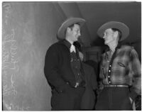 Cowboy film extras Joe Phillips and Harry Willingham at hearing of Jerome (Blackjack) Ward, charged with the murder of Johnny Tyke in Gower Gulch, Los Angeles, February 27, 1940