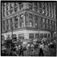 Crowd celebrates Japan's surrender during World War II in the streets of downtown Los Angeles, August 15 and 16, 1945