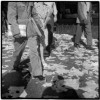 Confetti-filled streets during a celebration of Japan's surrender during World War II, Los Angeles, August 15 and 16, 1945