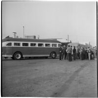 Police and strikers gathered outside a bus during the Conference of Studio Unions strike against all Hollywood studios, Los Angeles, October 19, 1945