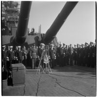 Admiral William F. Halsey delivers farewell speech aboard the U.S.S. South Dakota, Los Angeles, 1945