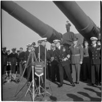 Admiral William F. Halsey hands over command of the U.S.S. South Dakota to Rear-Admiral Howard F. Kingman, Los Angeles, 1945