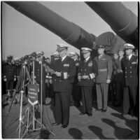 Retirement ceremony for Admiral William F. Halsey aboard the U.S.S. South Dakota, Los Angeles, 1945