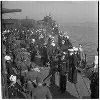 Retirement ceremony for Admiral William F. Halsey aboard the U.S.S. South Dakota, Los Angeles, 1945