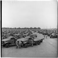 Lot full of vehicles at the War Assets Administration's surplus truck and trailer sale, Port Hueneme, May 1946
