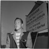 Veteran at Port Hueneme for a Quonset hut and surplus military supply sale, Port Hueneme, July 15, 1946
