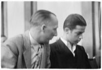 Louis Rude Payne and Dist. Atty. Buron Fitts at Payne's inquest for the murder of his mother and younger brother, Los Angeles, June 6, 1934