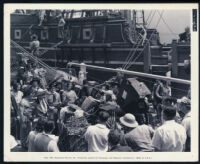 Fredric March and other cast members on the set of The Buccaneer