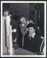 Maxene Andrews and production crew members on the set of Road to Rio